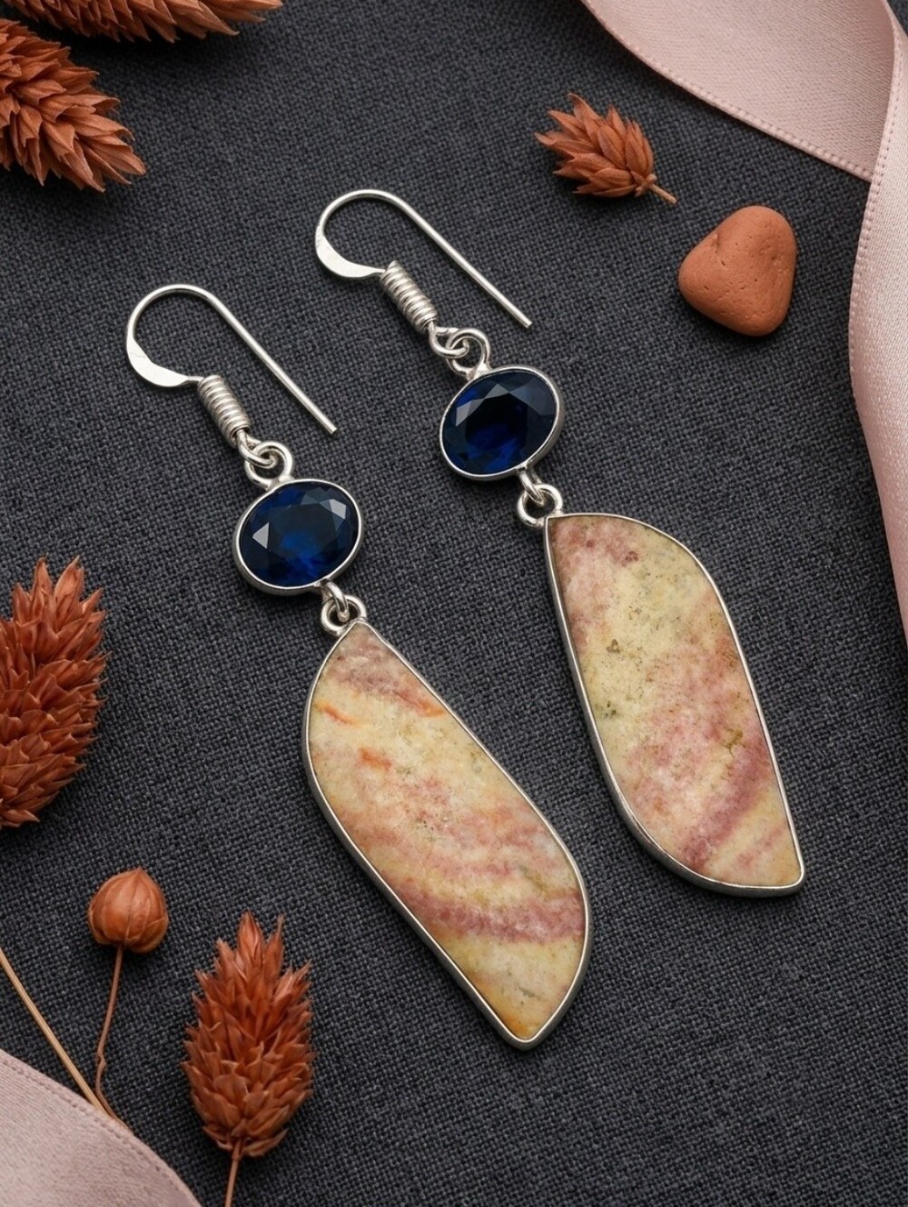 Picture Jasper Blue Quartz Drop Earrings 925 Sterling Silver Bohemian Fall 2.45"